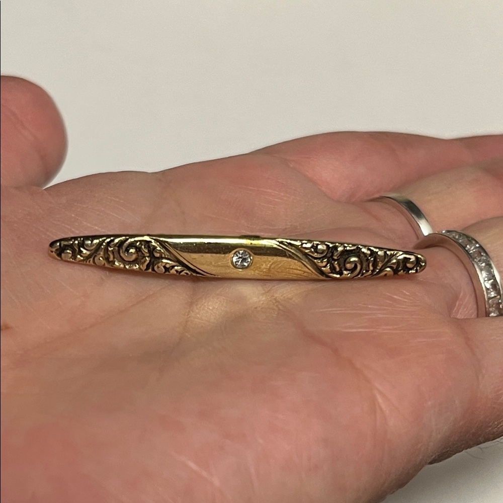 Victorian Revival Gold Bar Brooch with Filigree and Single Crystal